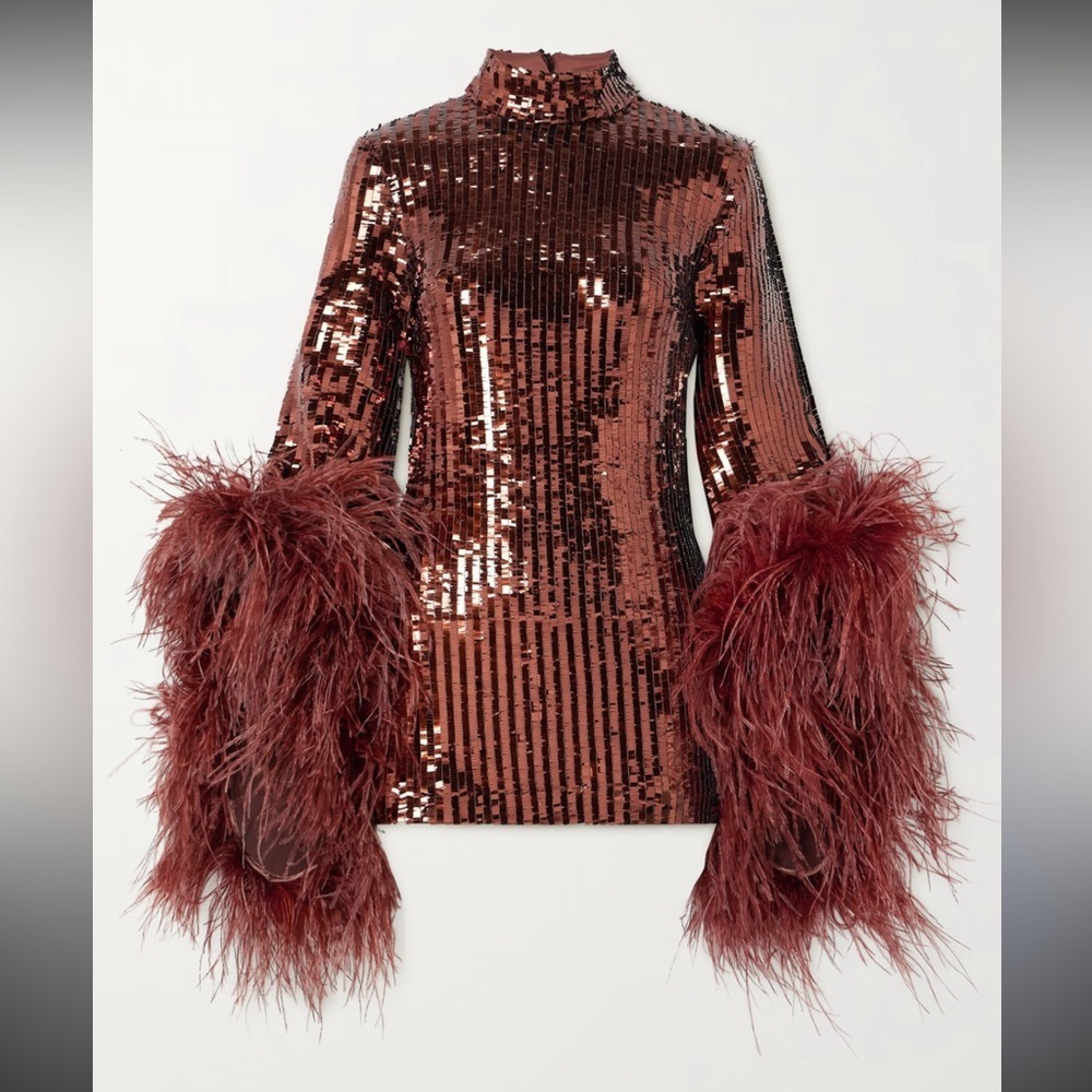Taller Marmo Del Rio Disco Sequin Mini Dress with Feather Details